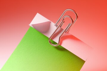 A silver paperclip secures a vibrant green and pink note against a coral backdrop.