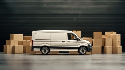 Truck delivery and moving box. White delivery van parked next to stacked cardboard boxes in a warehouse setting.