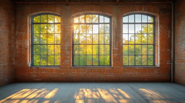 Sunlight streams through three arched windows in a rustic brick room with wooden floors. - Powered by Adobe