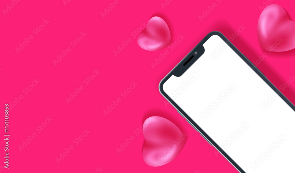 Poster phone mock up on pink background with 3d hearts. mock-up smartphone with white empty screen. cellula