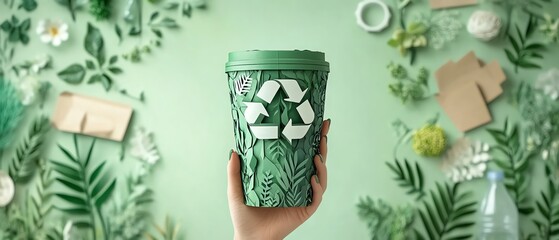 Green recycling symbol held by a person, surrounded by icons of plastic bottles and paper documents, sustainability and ecofriendly practices, detailed textures, HD quality
