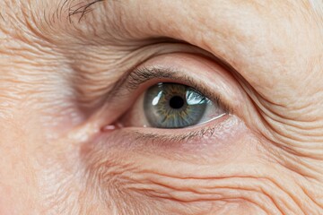 Fototapeta premium Close-up of old woman's eye, wrinkles. Macro Eye of Female Senior. Detail of older woman with green eyes. Elderly person look up side view. Wrinkled face of aged lady. Optical symptoms, health concept