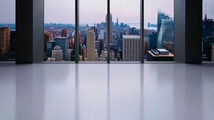 Plakat Breathtaking city view from a modern, minimalist office. Large windows offer panoramic cityscape vistas.