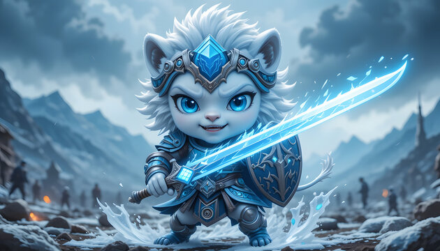 Fototapeta Cute white lion cub warrior holding glowing sword and shield.