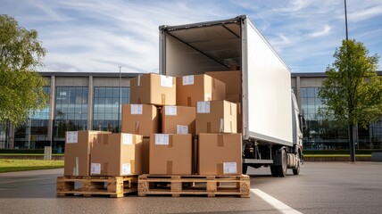Truck delivery and moving box. Delivery truck unloading stacked boxes outside a commercial building.