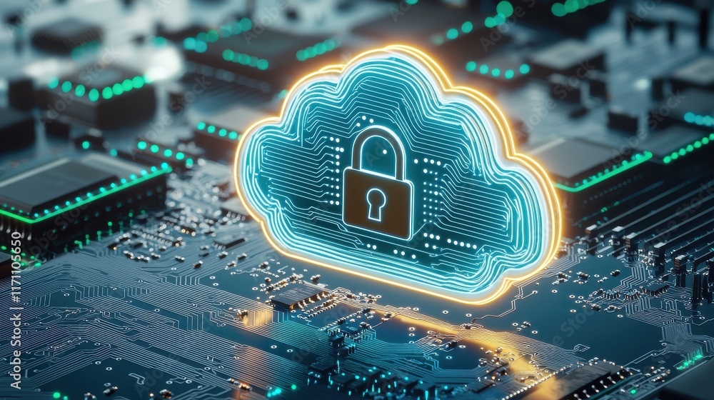 Poster a digital cloud icon with a lock, symbolizing cybersecurity and data protection, set against a high-