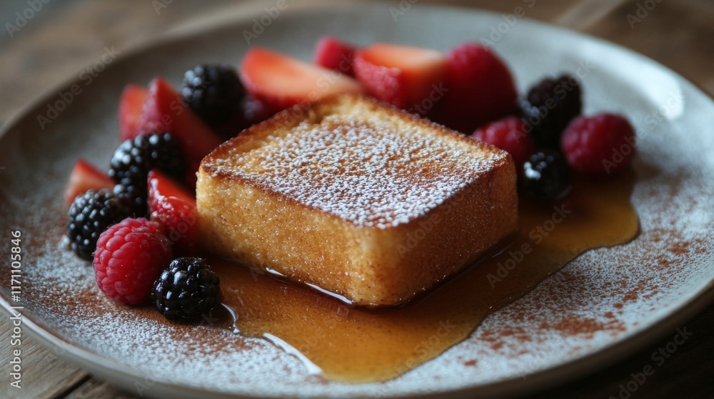 Poster A close-up view of a slice of honey toast on a plate, oozing with melted butter and syrup, surrounded by fresh fruit and a sprinkle of cinnamon.