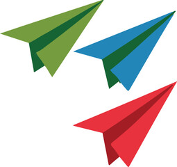 Set of color paper airplanes isolated background.