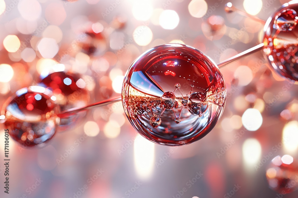 Poster shimmering red spheres with abstract background of light and reflection in science concept