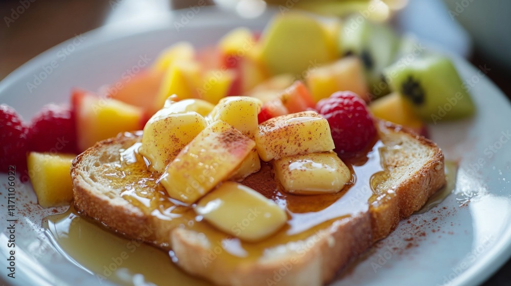 Poster a close-up view of a slice of honey toast on a plate, oozing with melted butter and syrup, surrounde