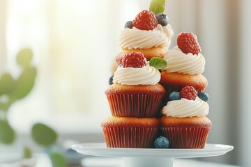 A delightful stack of cupcakes topped with creamy frosting and fresh berries, presented on a white pedestal in a warm, inviting setting.