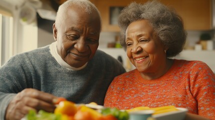 Two older adults enjoy a cooking class, preparing healthy meals with colorful ingredients in a bright kitchen filled with natural light