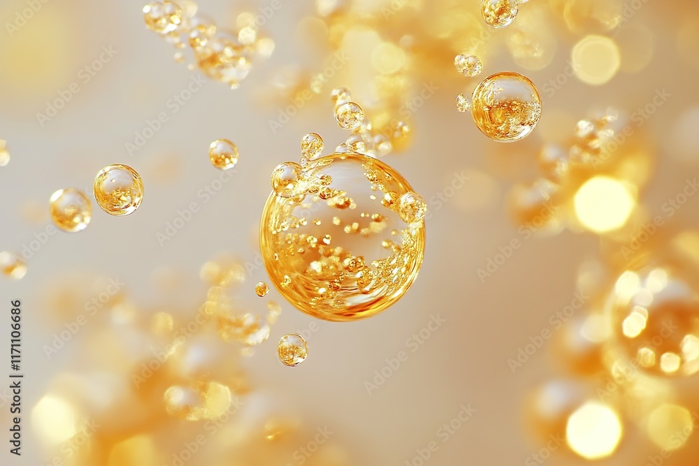 Poster golden bubbles float gracefully, creating luminous and enchantin