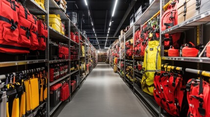 An industrial supply store with metal shelves stocked with equipment and safety gear.