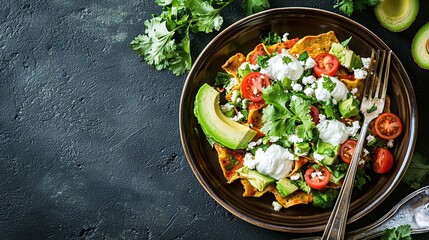 Fresh Colorful Salad with Avocado, Cherry Tomatoes, Herbs and Creamy Dressing on Dark Background