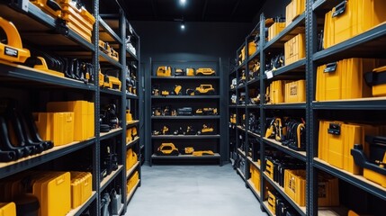 Fototapeta premium An industrial supply store with metal shelves stocked with equipment and safety gear.