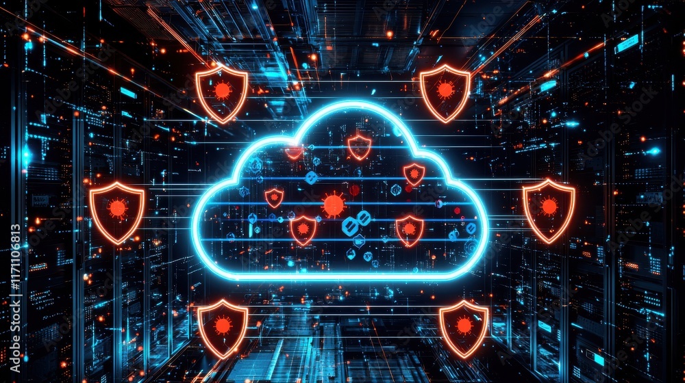 Aufkleber a futuristic cloud computing image featuring vibrant blue and red shields, symbolizing cybersecurity