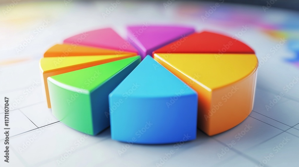 Poster a colorful d pie chart with slices that appear to pop out, set against a contrasting background, sho