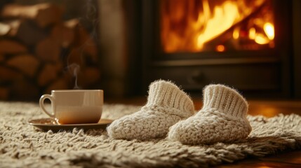 Cozy woolen socks resting a shaggy rug by fireplace a warm living room setting