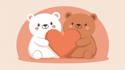 Naklejka premium Two cartoon bears, one white and one brown, holding a heart together against a soft pastel background