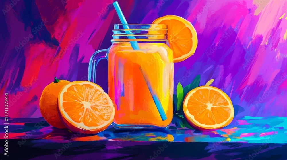 Poster a colorful arrangement of freshly squeezed orange juice served in a mason jar, garnished with an ora