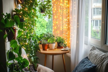 Fototapeta premium Cozy indoor space adorned with lush greenery and twinkling fairy