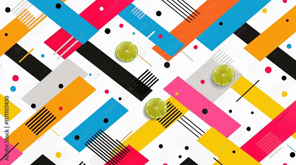 Poster colorful geometric background with lime slices on a vibrant pattern design
