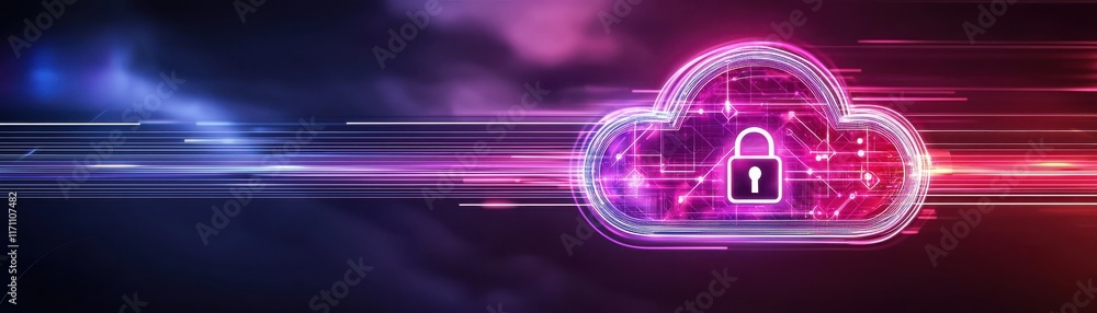 Poster a digital cloud with a padlock symbolizes secure data storage and protection in a vibrant, futuristi