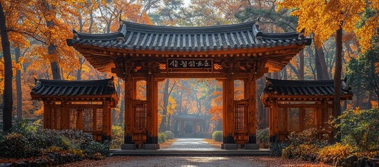 Autumnal foliage frames a traditional Asian wooden gate leading to a serene path.