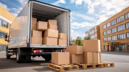 Truck delivery and moving box. Delivery truck unloading cardboard boxes in an industrial area.