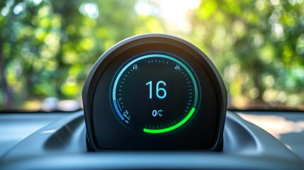 Close-up of an electric vehicle dashboard displaying a digital speedometer and temperature gauge in a blurred outdoor setting