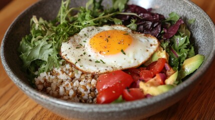 A colorful breakfast bowl featuring a fried egg on top of mixed greens and grains, drizzled with a light vinaigrette for a healthy and delicious start to the day.