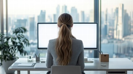 Working Woman in a Private Office City Skyline View Digital Workspace Professional Environment Focused Mindset
