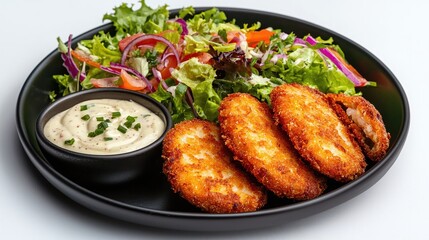 Crispy Fried Patties with Fresh Salad and Creamy Dressing on a Black Plate