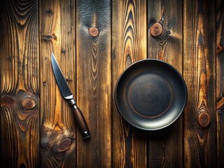 Rustic Wooden Table Setting: Black Plate, Knife, and Knife Rest