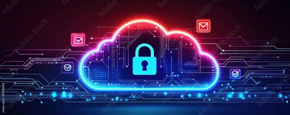 Poster a digital cloud illustration featuring a secure lock symbol, emphasizing cybersecurity and data prot