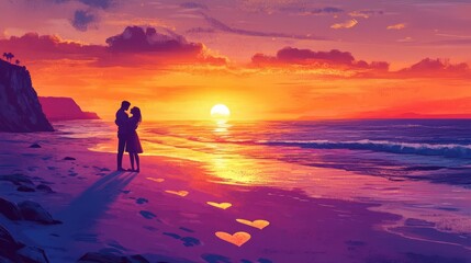 Fototapeta premium Couple Embraces at Sunset on a Beach with Heart Footprints