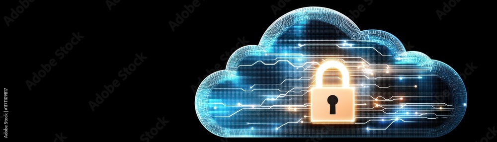 Poster a digital cloud with a padlock symbolizes secure cloud storage and data protection, highlighting the