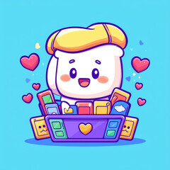 Naklejka premium Cute smartphone character with joyful expression surrounded by colorful devices and hearts. This kawaii style illustration evokes happiness and playfulness