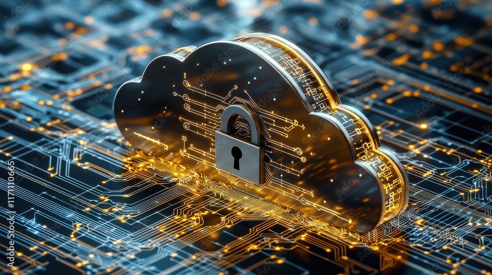Poster a digital cloud with a padlock, symbolizing secure cloud storage on a circuit board, represents data