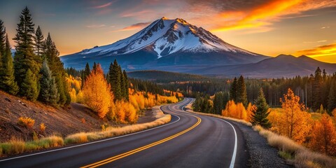 Scenic Oregon Highway Curve to Mount Bachelor Mountain Landscape