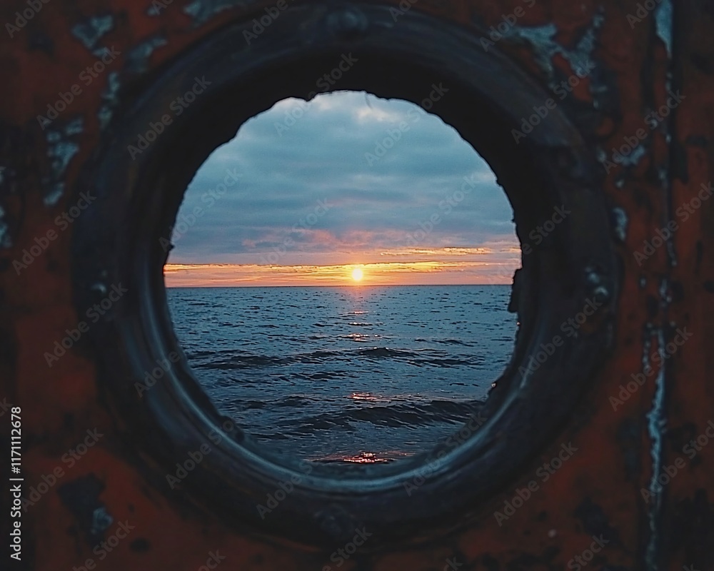 Poster sunset view through rusty porthole.