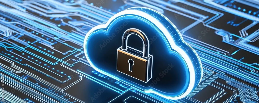 Poster a cloud with a padlock symbolizes data security and privacy in digital environments, emphasizing the