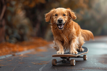 A dog rides a skateboard in a park in autumn. A cheerful pet rides a skateboard in a park. © sergo321