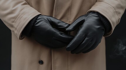 Fototapeta premium A stylish figure in leather gloves and a trench coat enjoys coffee embodying autumn's refined warmth