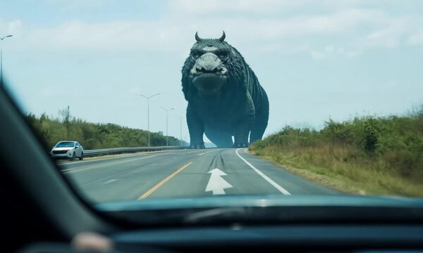 First-Person View of Giant Monster Crossing Highway  