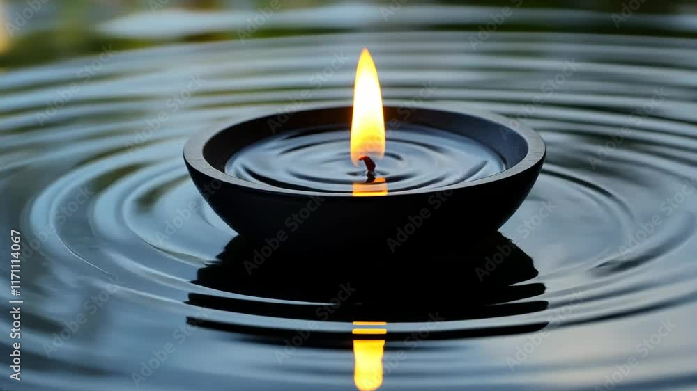 Poster flickering candlelight dances on the water's surface creating serene reflections in a tranquil setti
