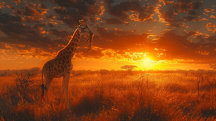 Tall beautiful giraffe walking in African savannah at sunset. Saving giraffes in the wild in savannah. © sergo321