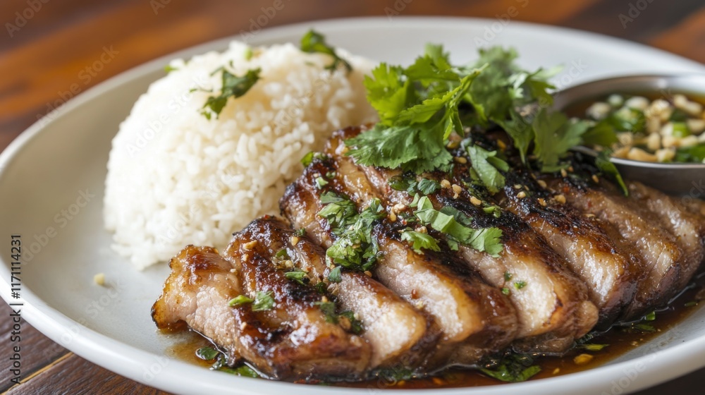 Aufkleber a cozy setting featuring a serving of pork belly with fish sauce, garnished with fresh herbs and acc