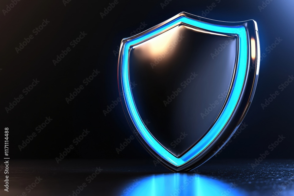 Poster sleek shield icon with blue neon glow on dark background for security and protection concepts